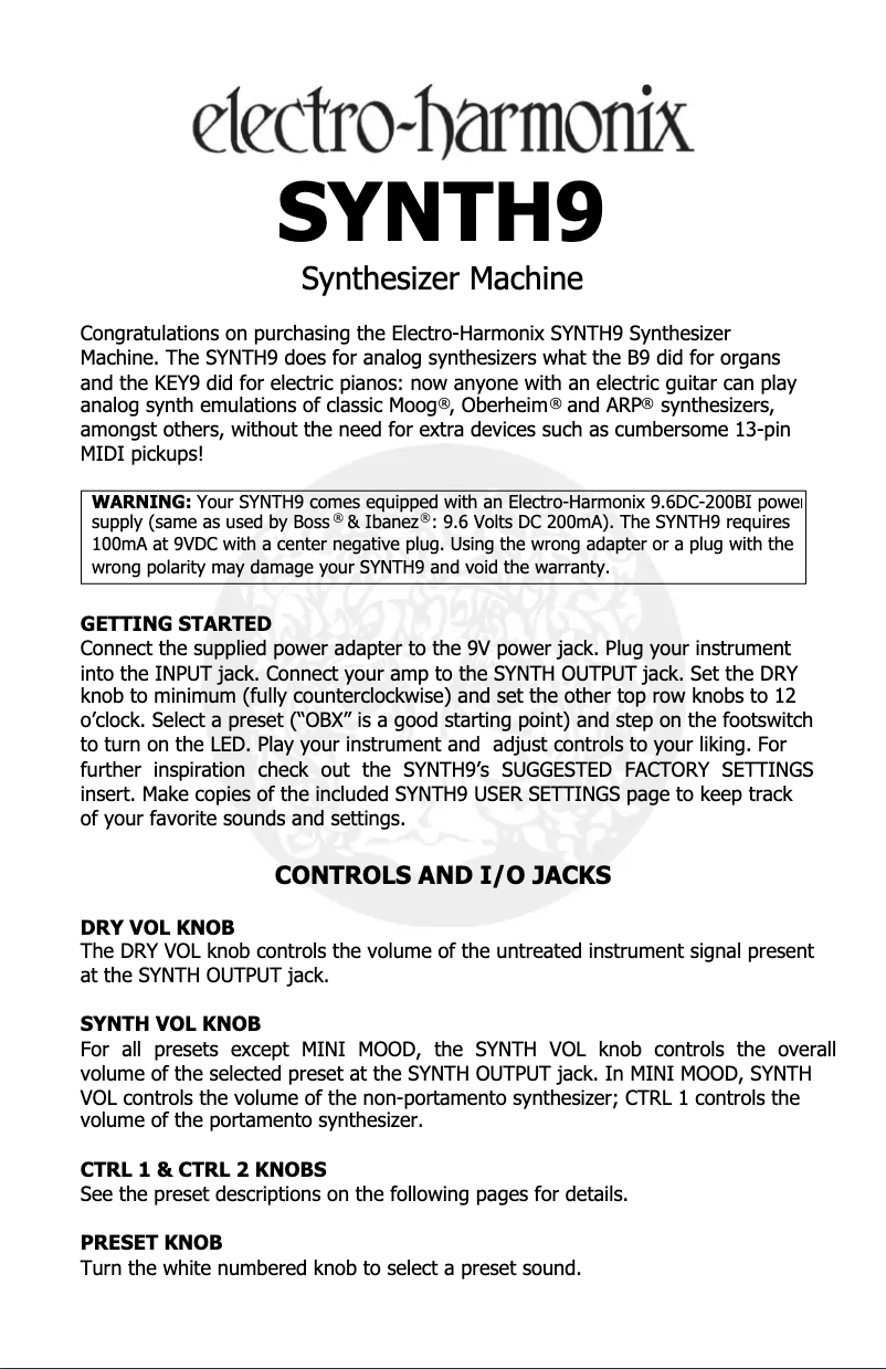 Page 1 de la notice Manuel utilisateur Electro Harmonix Synth9