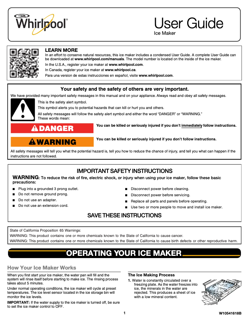 Page 1 de la notice Manuel d'utilisation et d'entretien Whirlpool GI15PDXZ