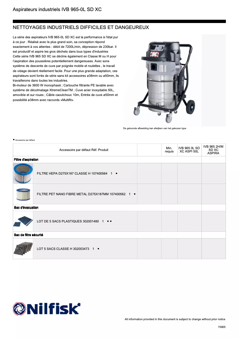 Página 1 del manual Ficha técnica Nilfisk IVB 965-2H/M SD XC