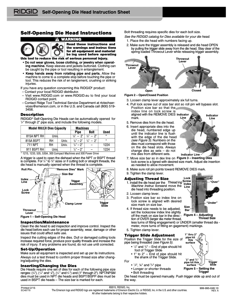 Page 1 de la notice Instructions / montage Ridgid 555