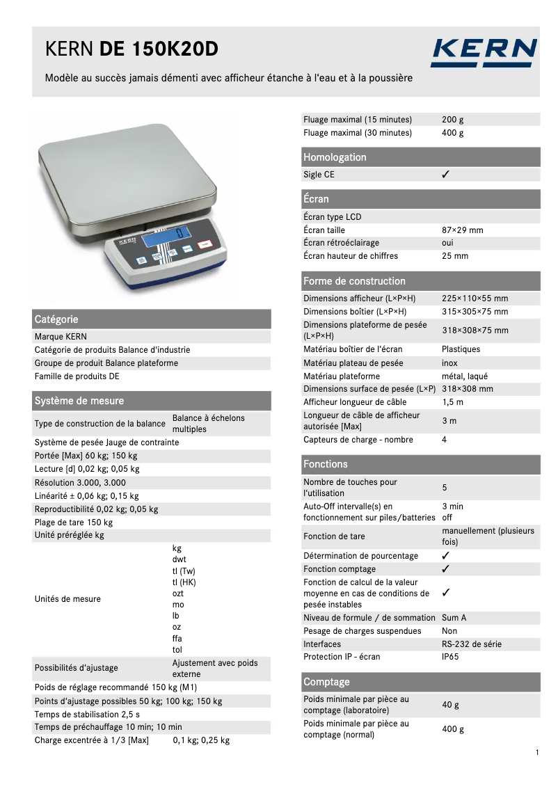 Page 1 de la notice Fiche technique Kern DE 150K20D