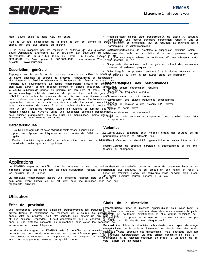 Page 1 de la notice Manuel utilisateur Shure KSM9HS
