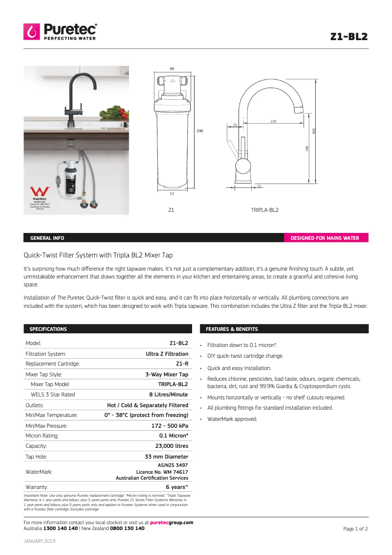 Página 1 del manual Ficha técnica Puretec Z1-BL2