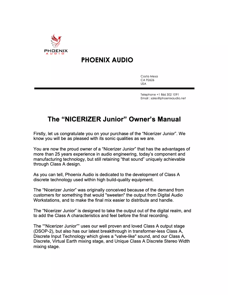Page n°1 - Manuel utilisateur Phoenix Audio Nicerizer Junior