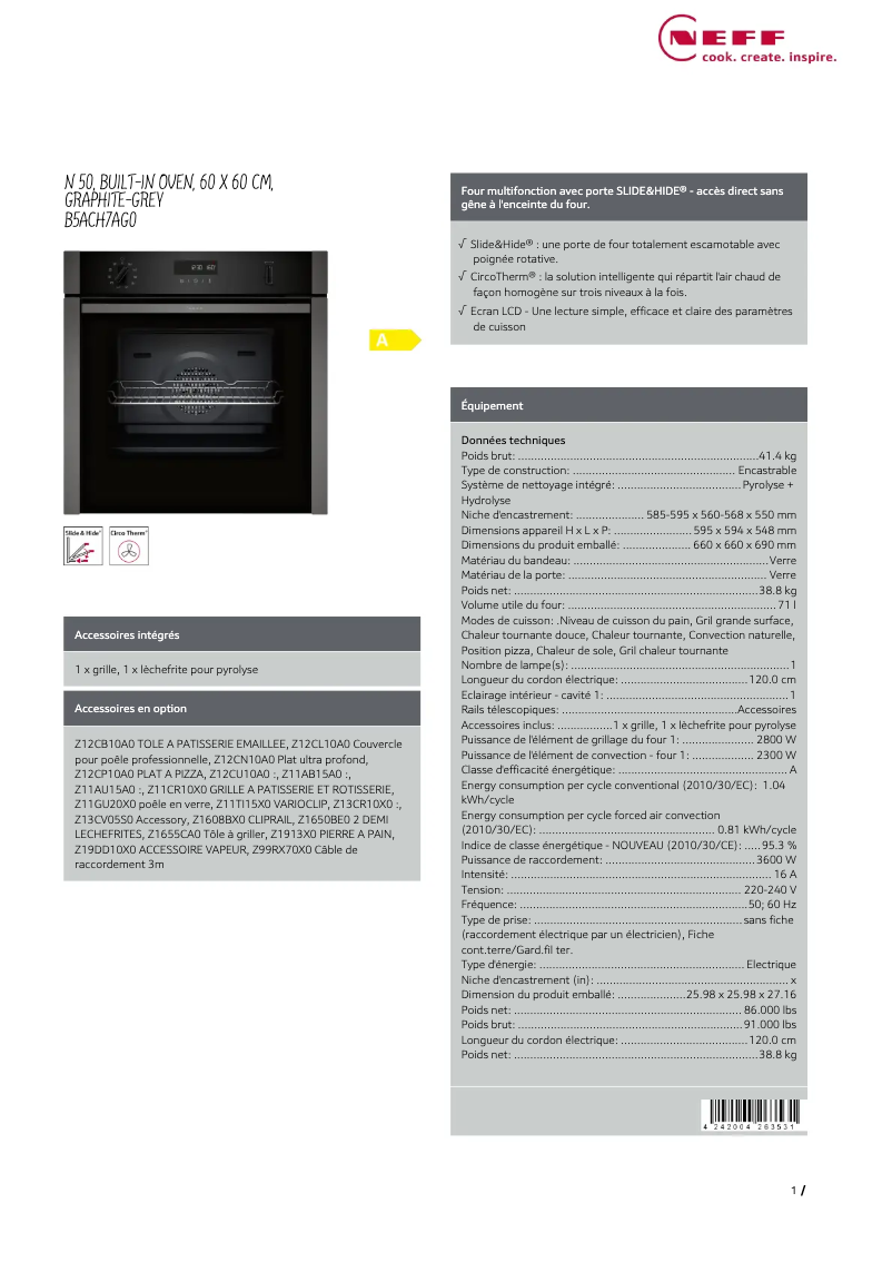 Página 1 del manual Ficha técnica Neff B5ACH7AG0