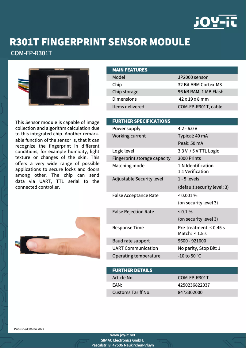 Imagen de la primera página del manual del dispositivo COM-FP-R301T