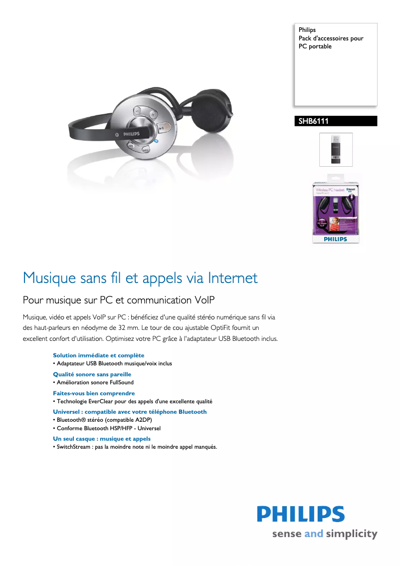 Page n°1 - Fiche technique Philips SHB6111