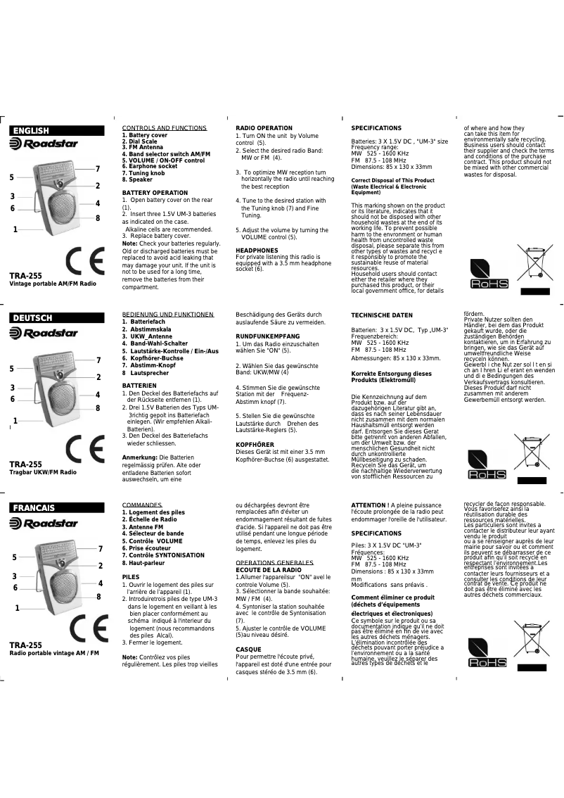 Page 1 of the manual Instruction Manual Roadstar TRA-255