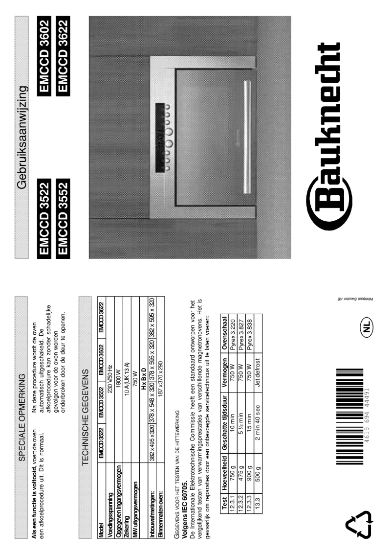 Page 1 de la notice Manuel utilisateur Bauknecht EMCCD 3522 WH