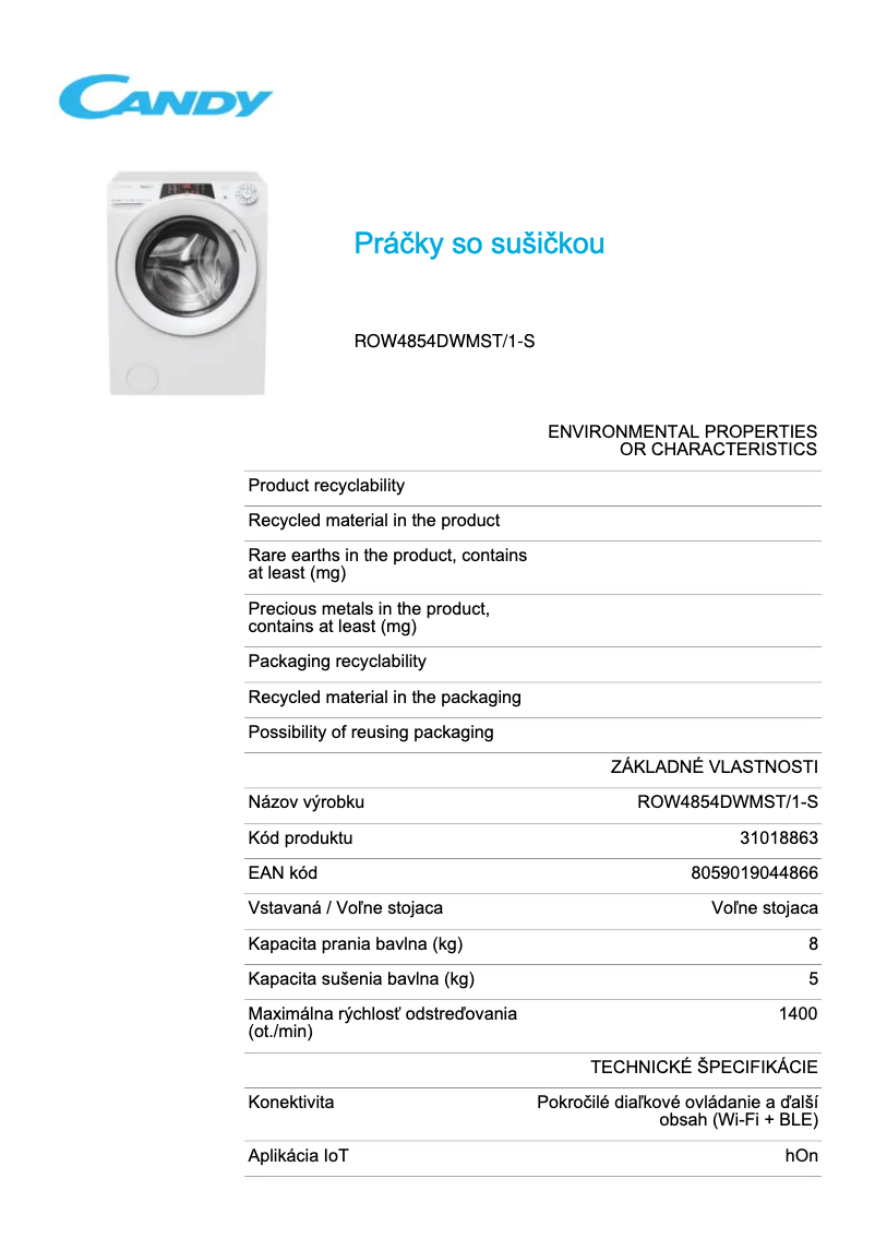 Page 1 de la notice Fiche technique Candy ROW4854DWMST/1-S