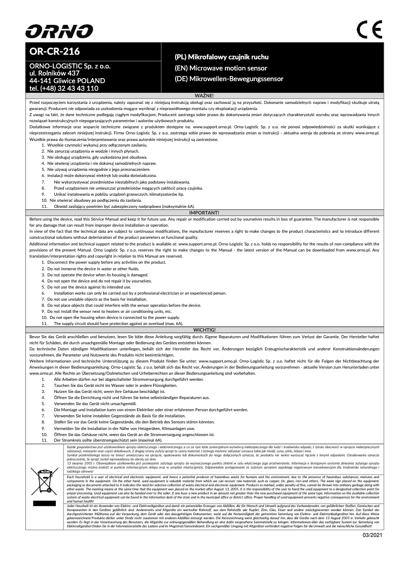 Page 1 de la notice Manuel utilisateur ORNO OR-CR-216