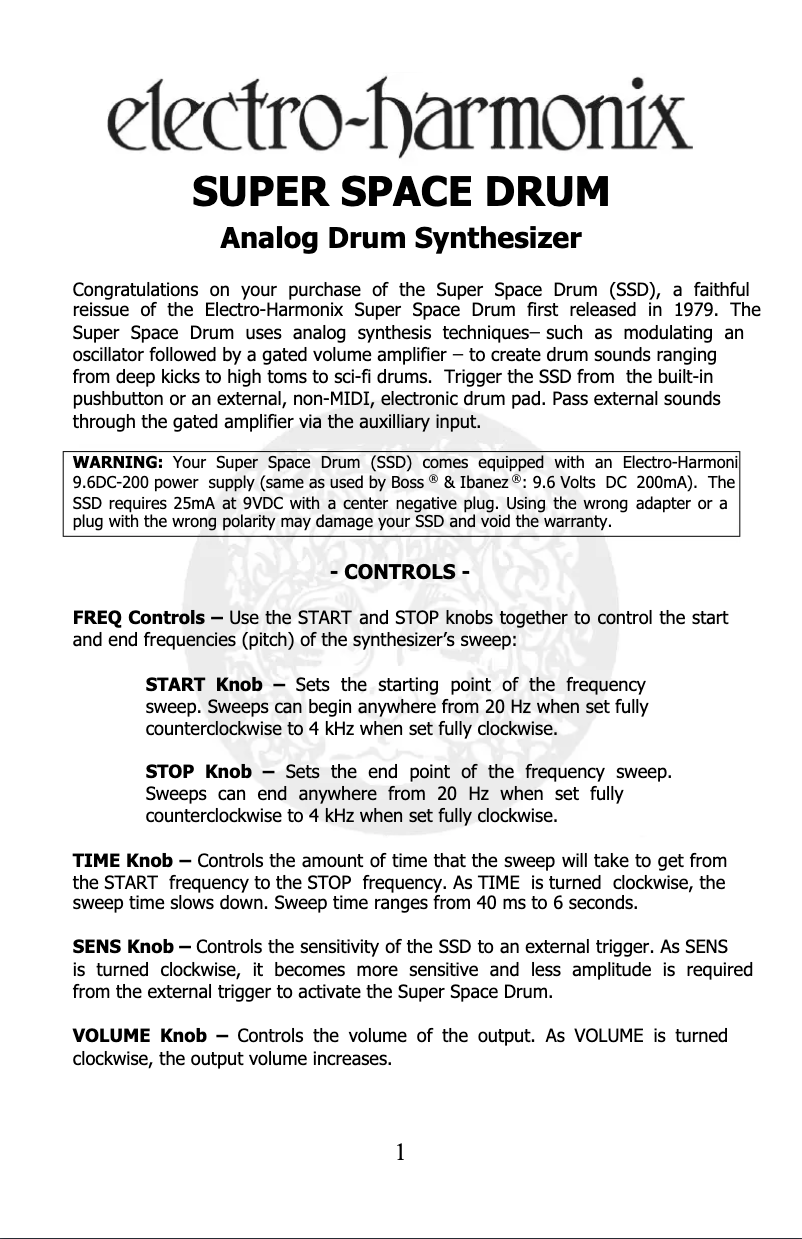 Page 1 de la notice Manuel utilisateur Electro Harmonix Super Space Drum