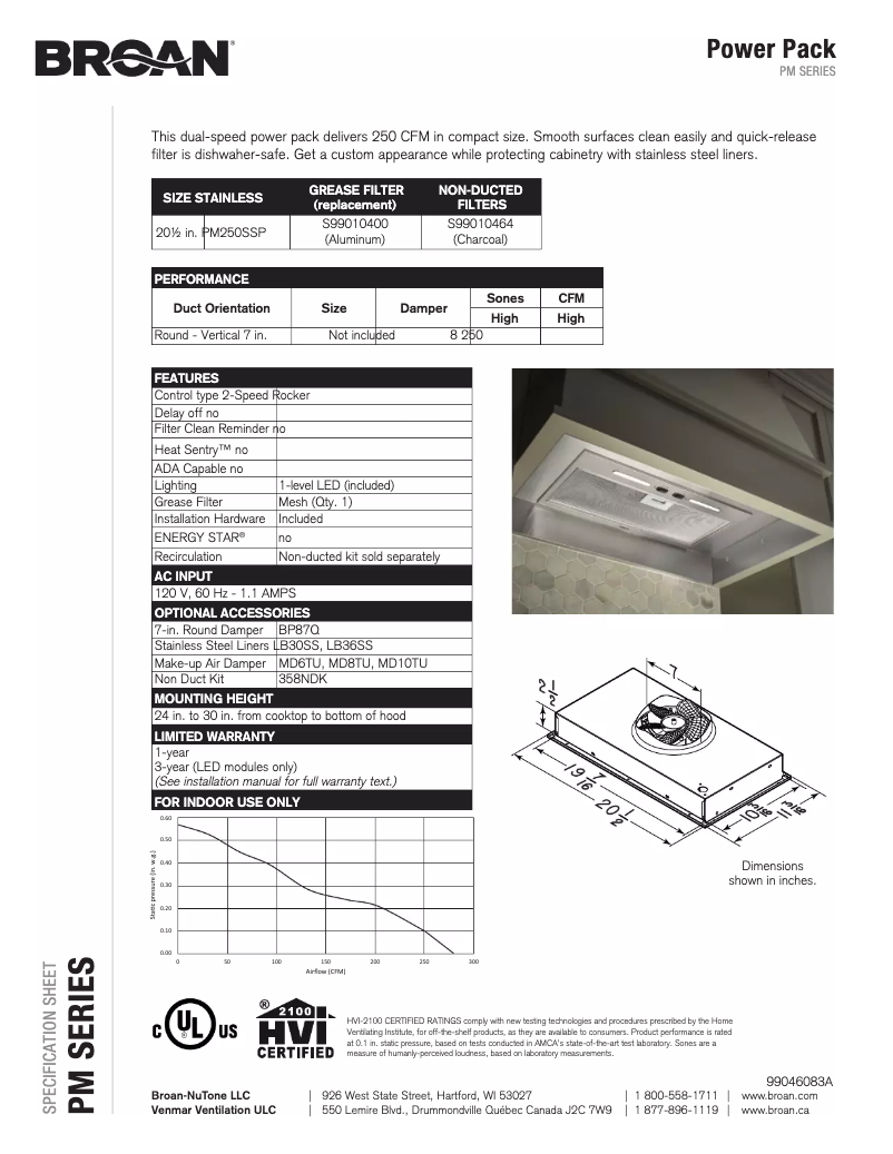 Page n°1 - Fiche technique Broan PM250SSP