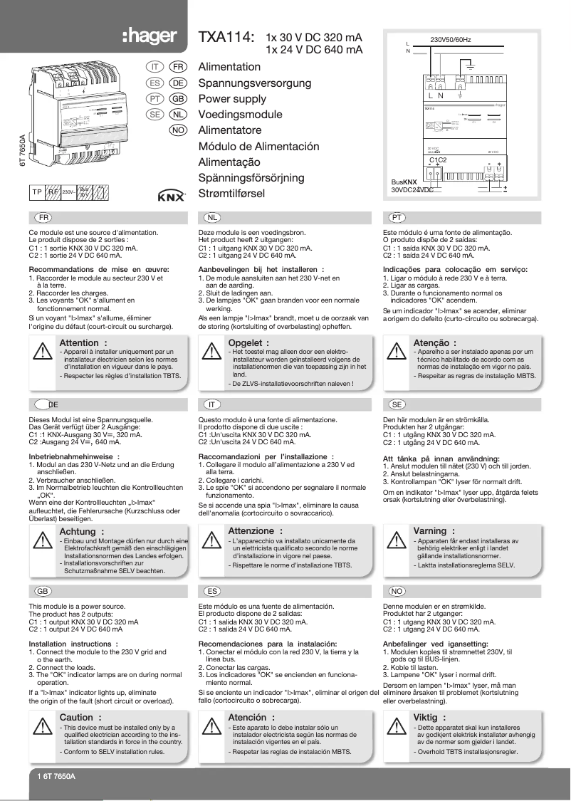 Page 1 de la notice Manuel utilisateur Hager TXA114