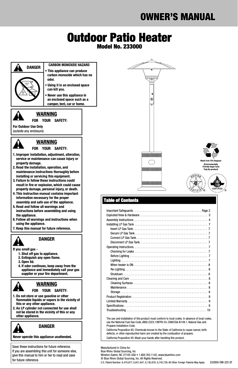 Page 1 de la notice Manuel utilisateur Blue Rhino 233000U