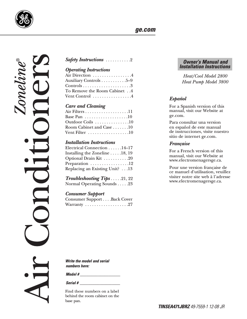 Page n°1 - Manuel d'utilisation et d'entretien GE AZ28E12EAP