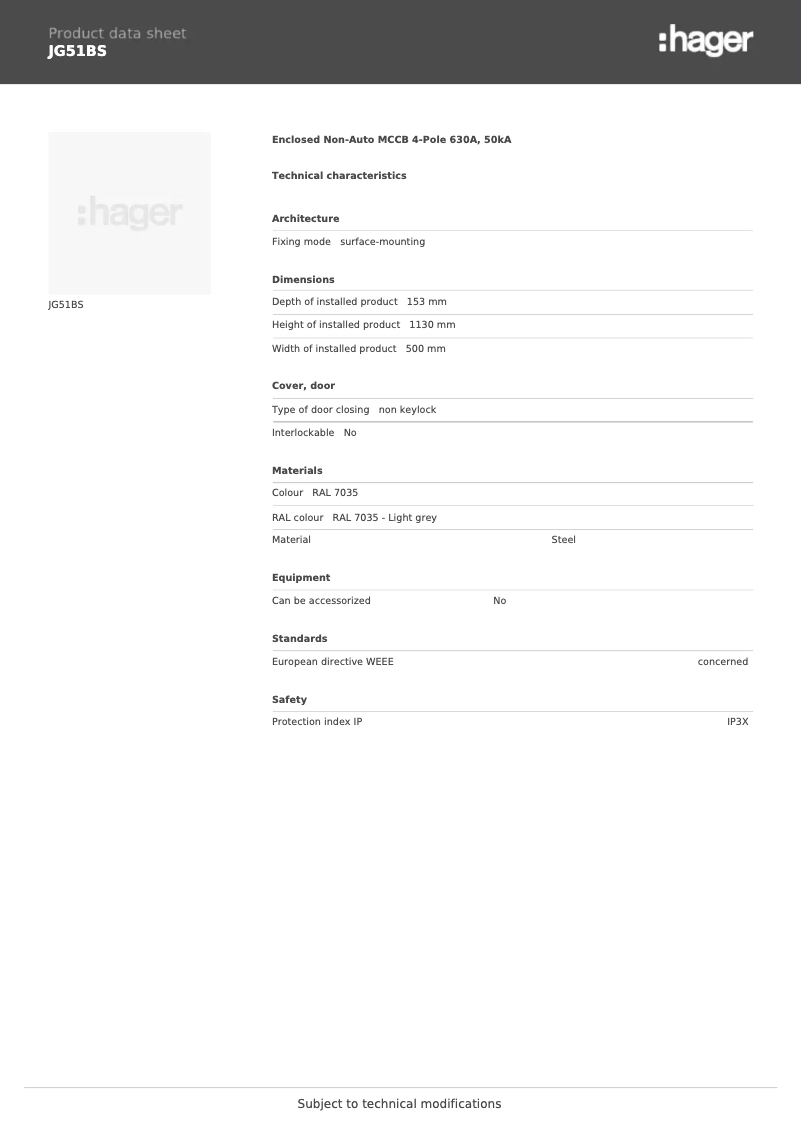 Page n°1 - Fiche technique Hager JG51BS