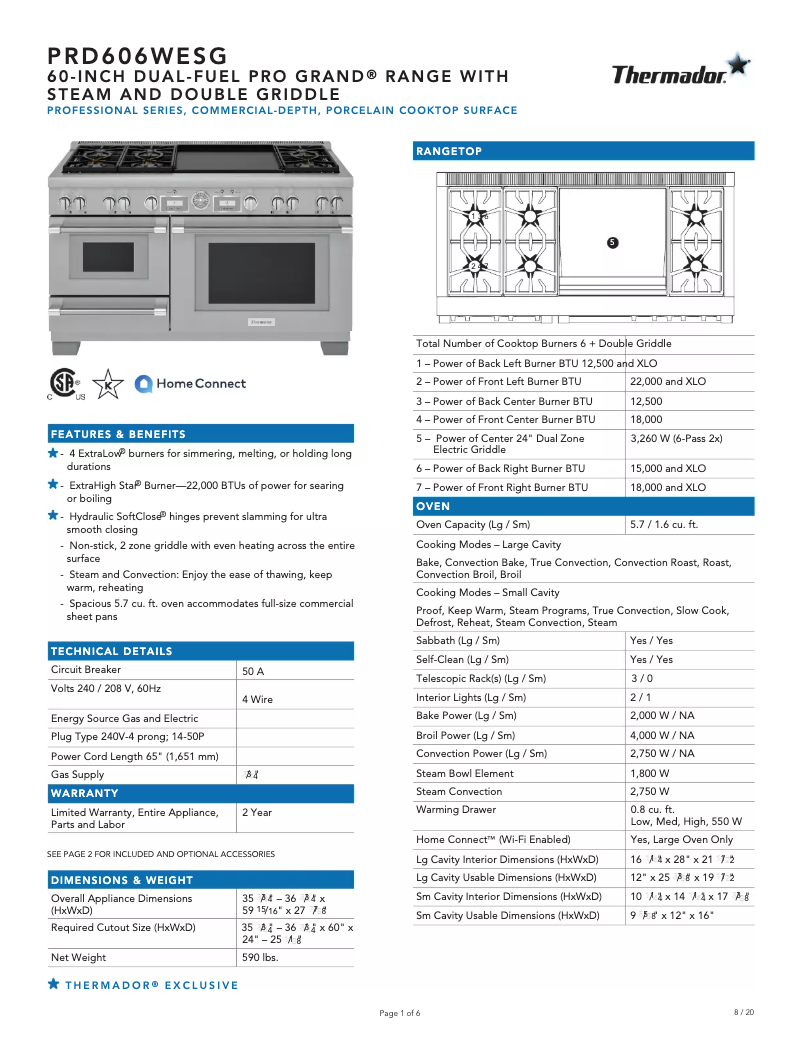 Page 1 de la notice Fiche technique Thermador PRD606WESG