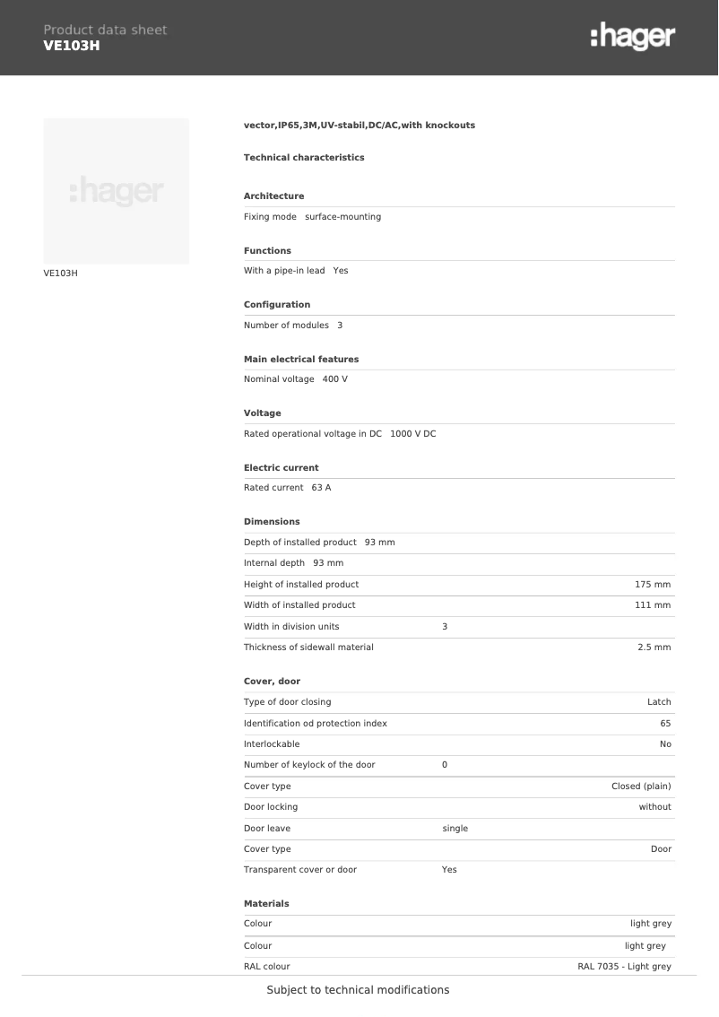Page 1 de la notice Fiche technique Hager VE103H
