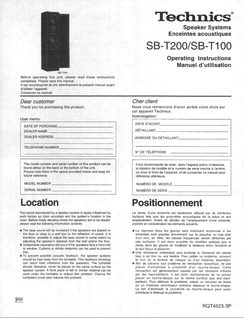 Page 1 de la notice Manuel utilisateur Technics SB-T100