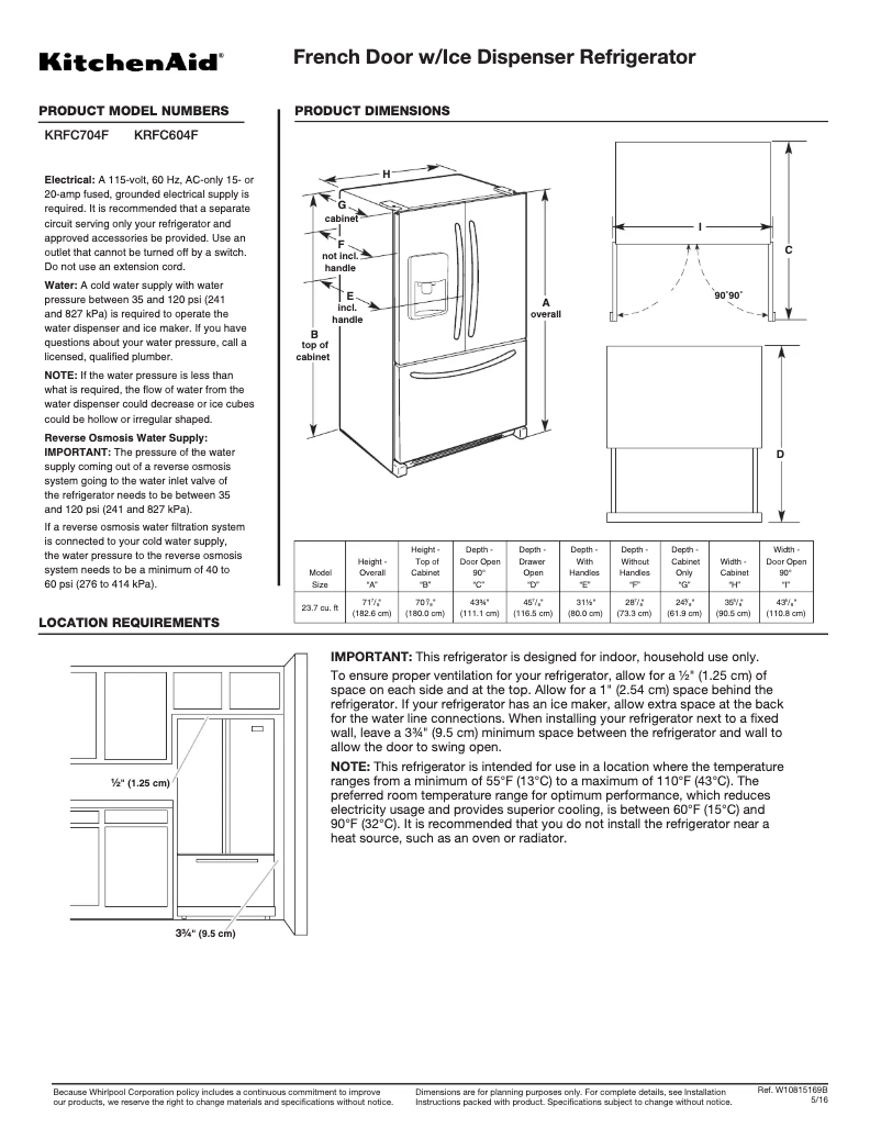Página 1 del manual Ficha técnica KitchenAid KRFC604F
