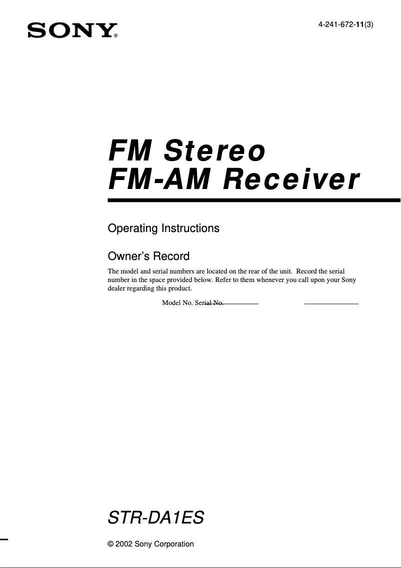 Page 1 de la notice Manuel utilisateur Sony STR-DA1ES