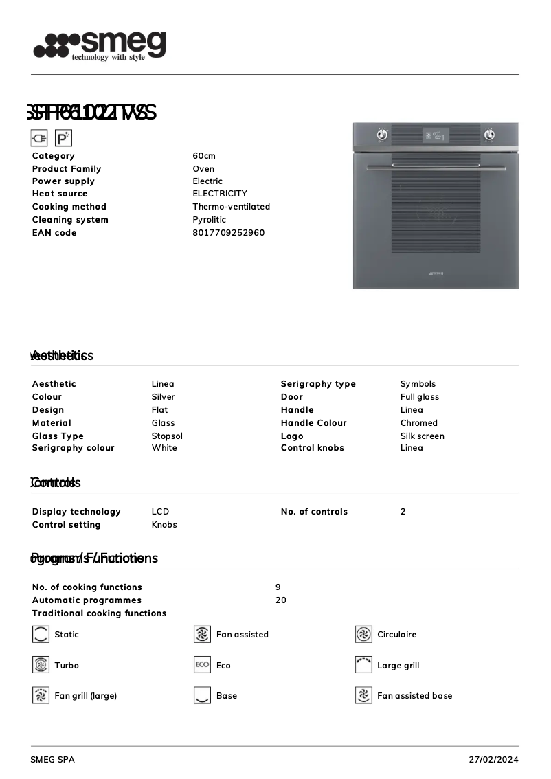 Página 1 del manual Ficha técnica Smeg SFP6102TVS