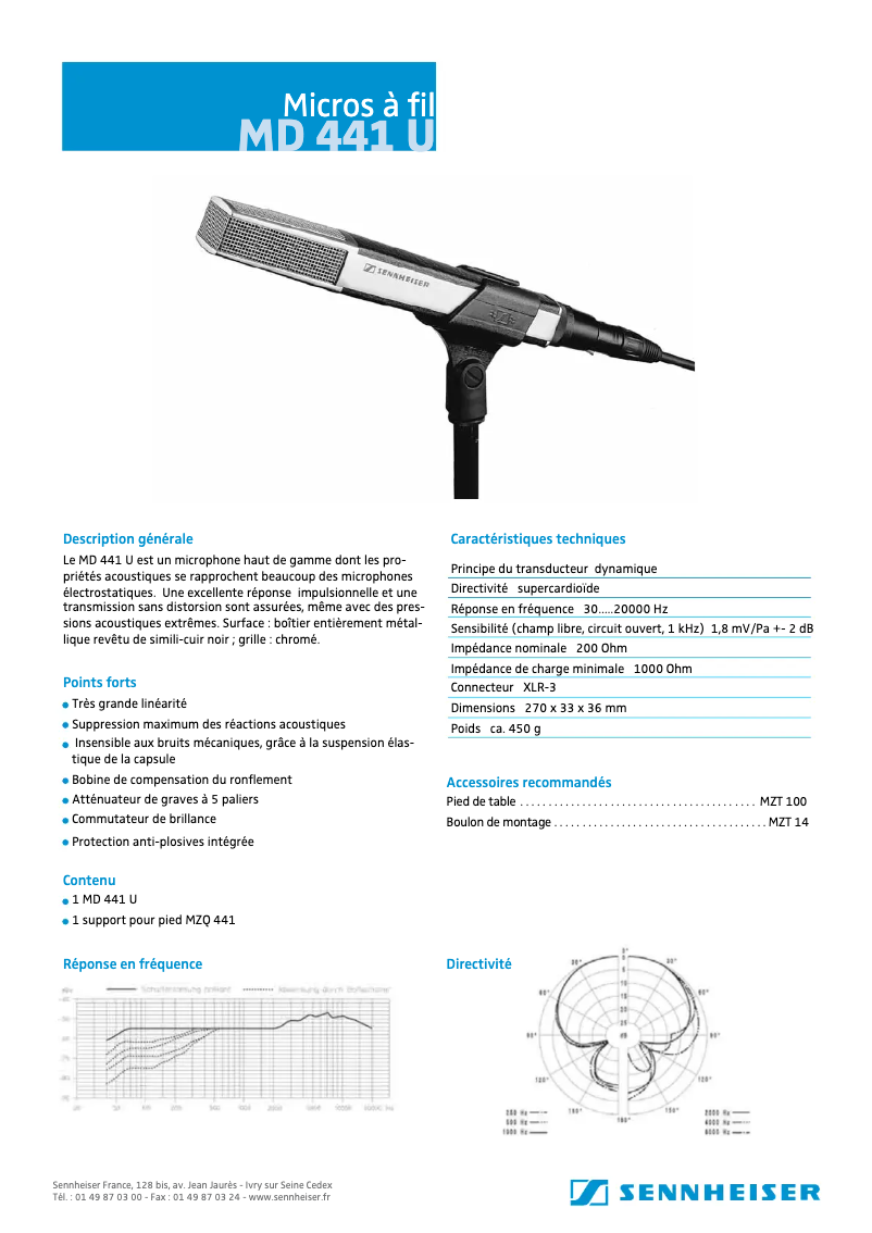 Page 1 de la notice Fiche technique Sennheiser MD 441-U