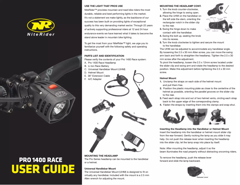 Page 1 de la notice Manuel utilisateur NiteRider Pro 1400 Race