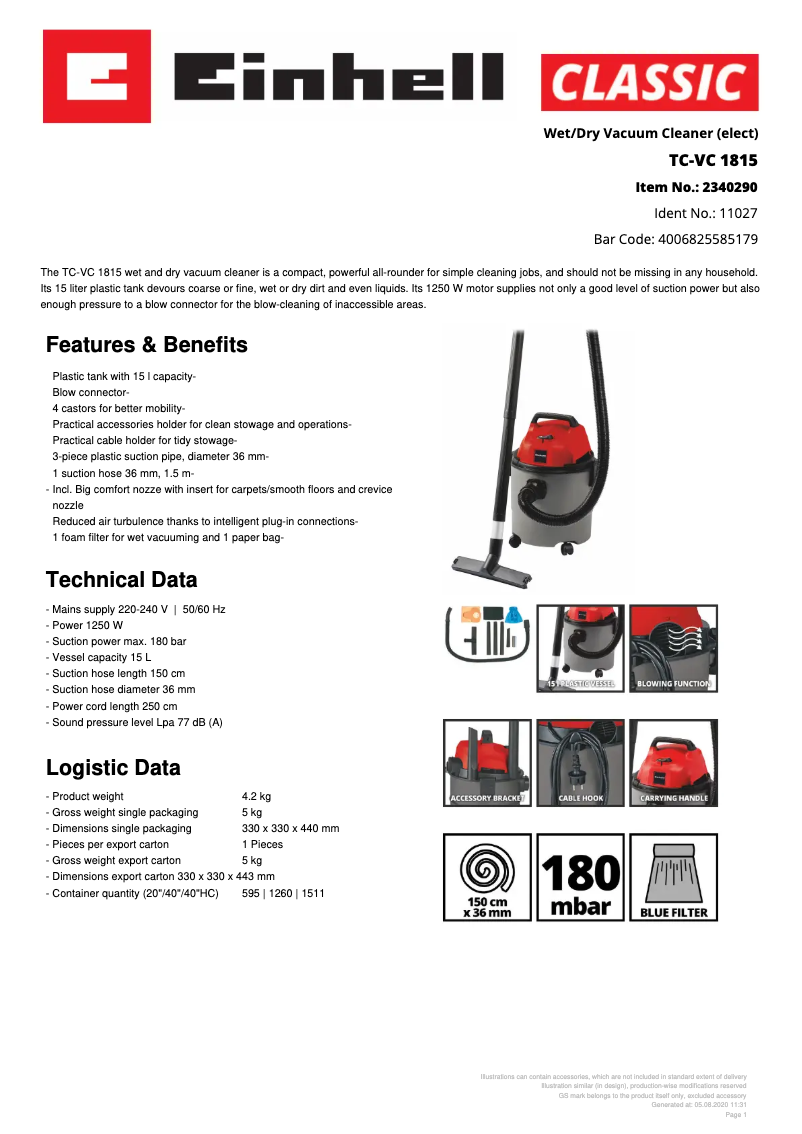 Page 1 de la notice Fiche technique Einhell TC-VC 1815