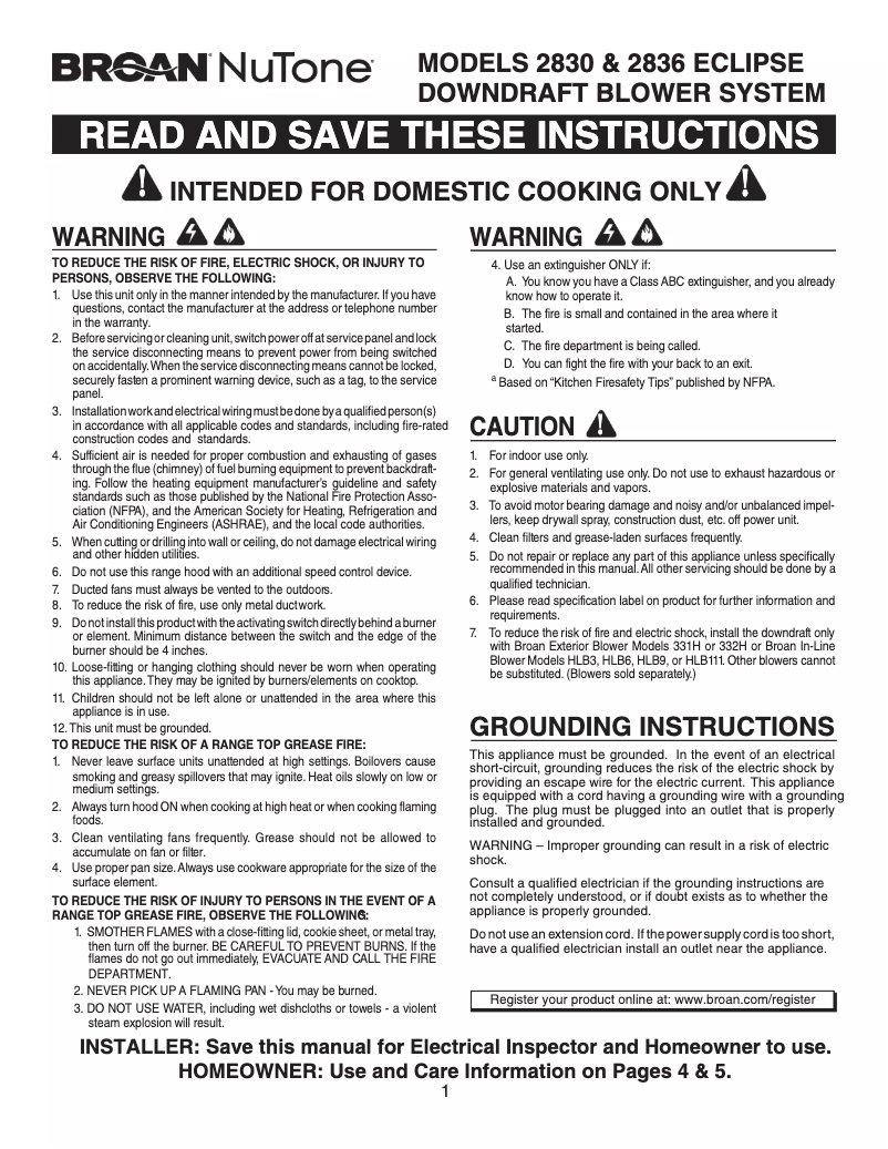 Page 1 de la notice Manuel utilisateur Broan 283003