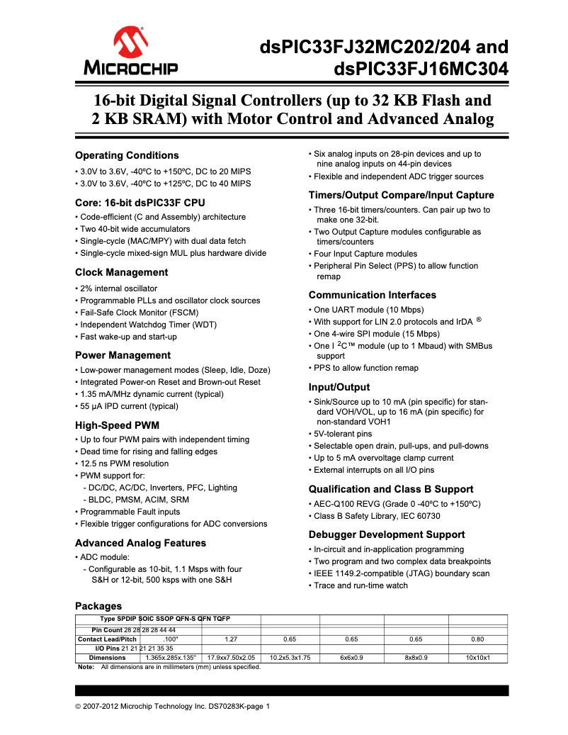 Page 1 de la notice Fiche technique Microchip DSPIC33FJ32MC202