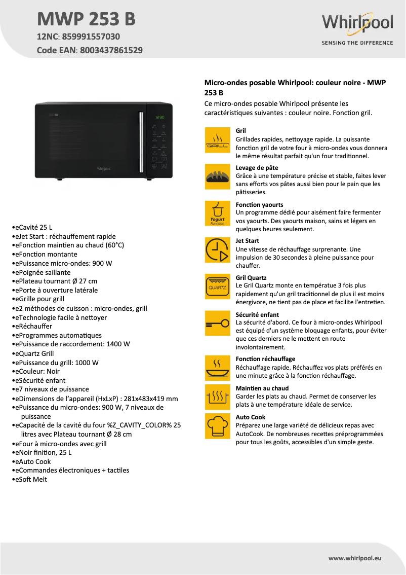 Page n°1 - Fiche technique Whirlpool MWP 253 B