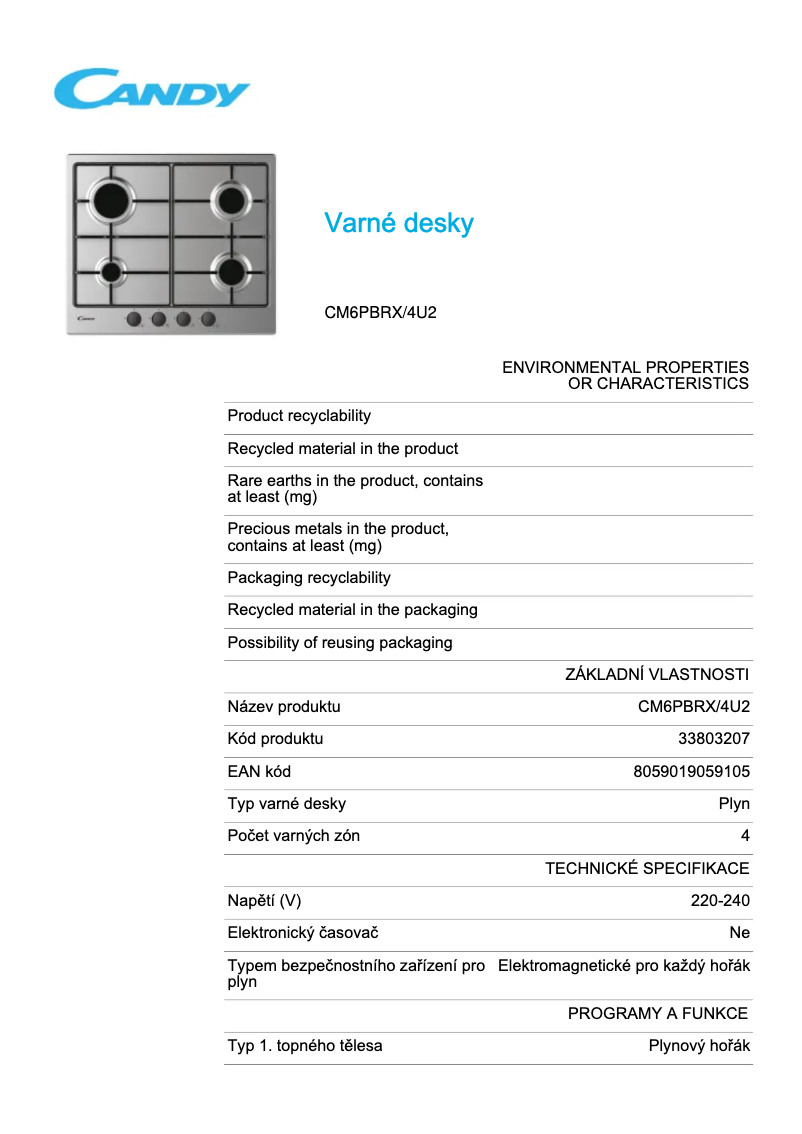Page 1 de la notice Fiche technique Candy CM6PBRX