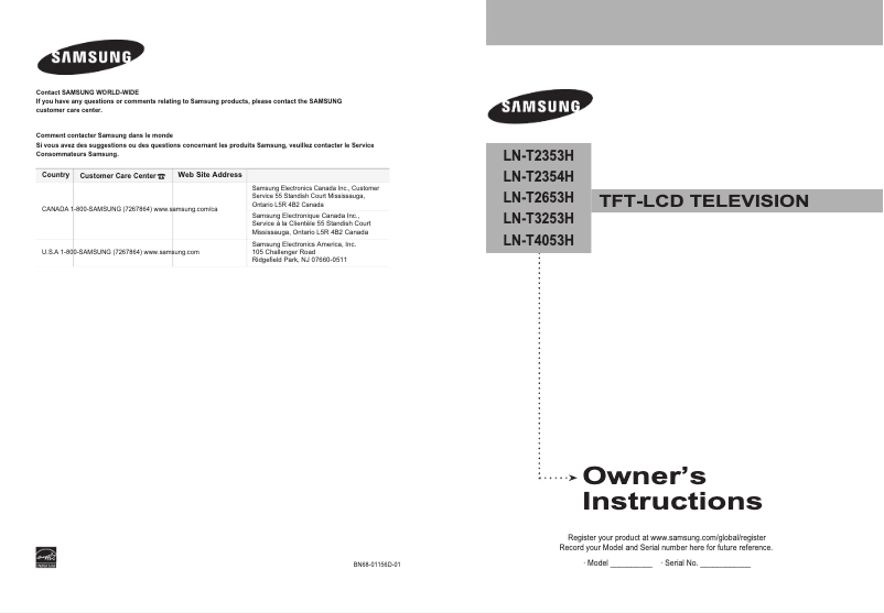 Page 1 de la notice Manuel utilisateur Samsung LN-T2354H