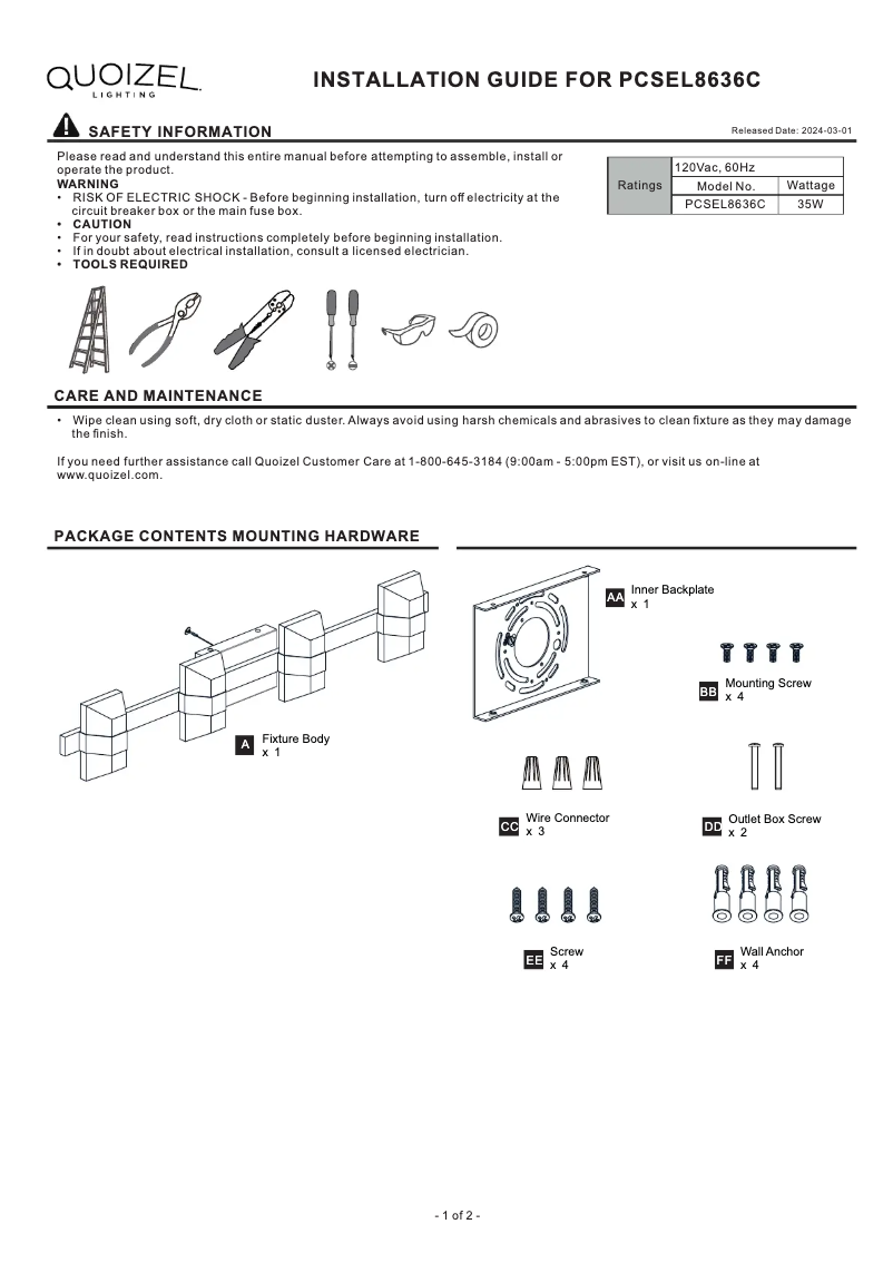 Page 1 de la notice Manuel utilisateur Quoizel Selena PCSEL8636C