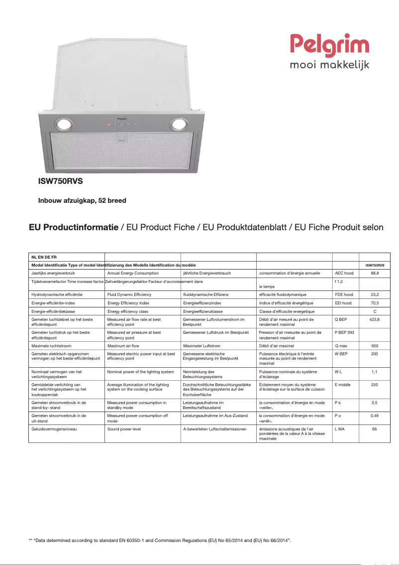 Page 1 de la notice Fiche technique Pelgrim ISW750RVS