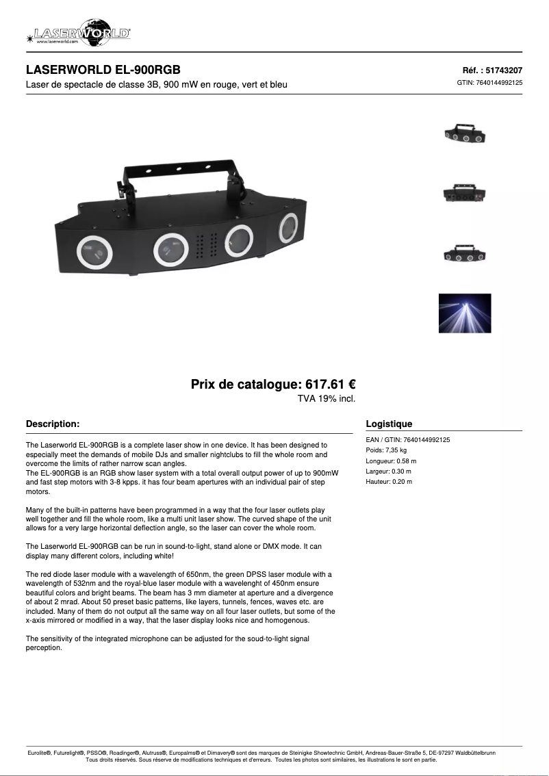 Page 1 de la notice Fiche technique Laserworld EL-900RGB