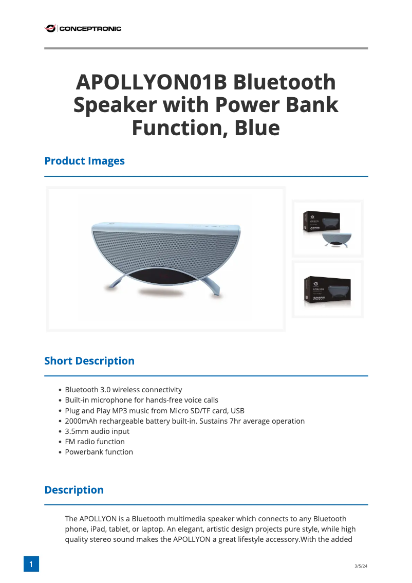 Page 1 de la notice Fiche technique Conceptronic APOLLYON 01