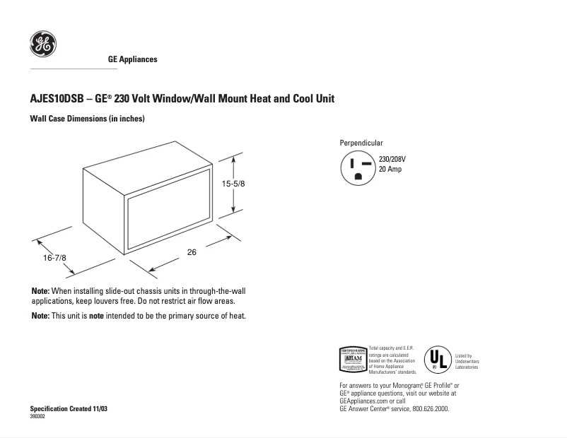 Página 1 del manual Ficha técnica GE AJES10DSB