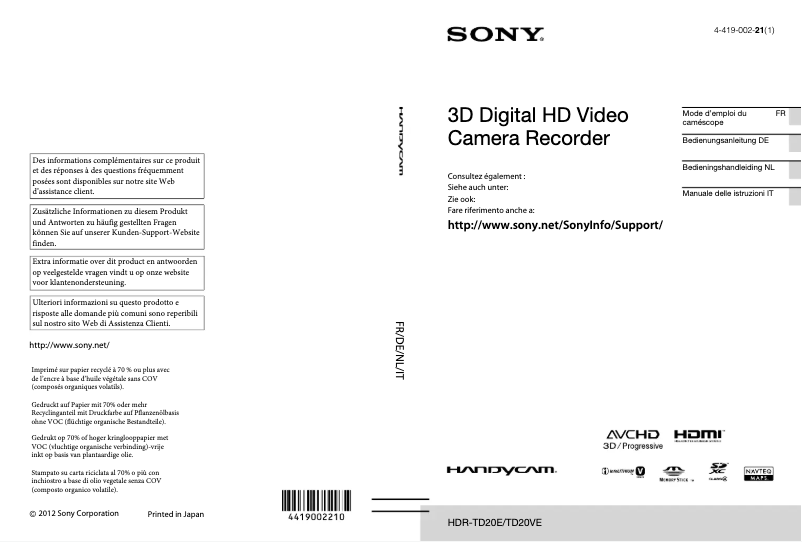 Page n°1 - Manuel utilisateur Sony HDR-TD20VE