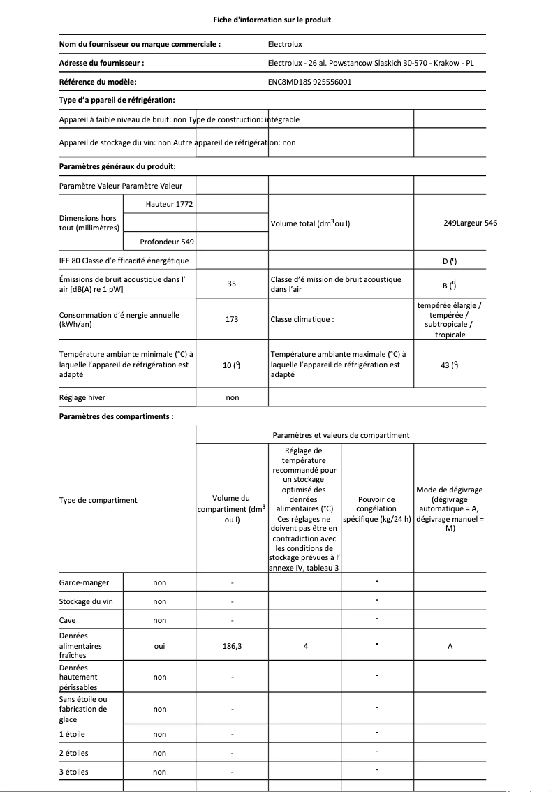 Page 1 de la notice Fiche technique Electrolux ENC8MD18S