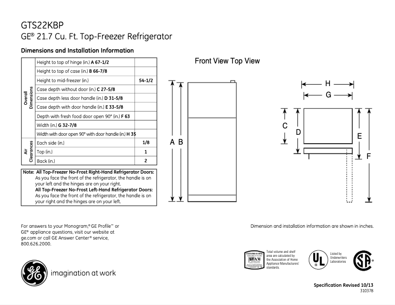 Page 1 of the manual Technical Sheet GE GTS22KBPCC