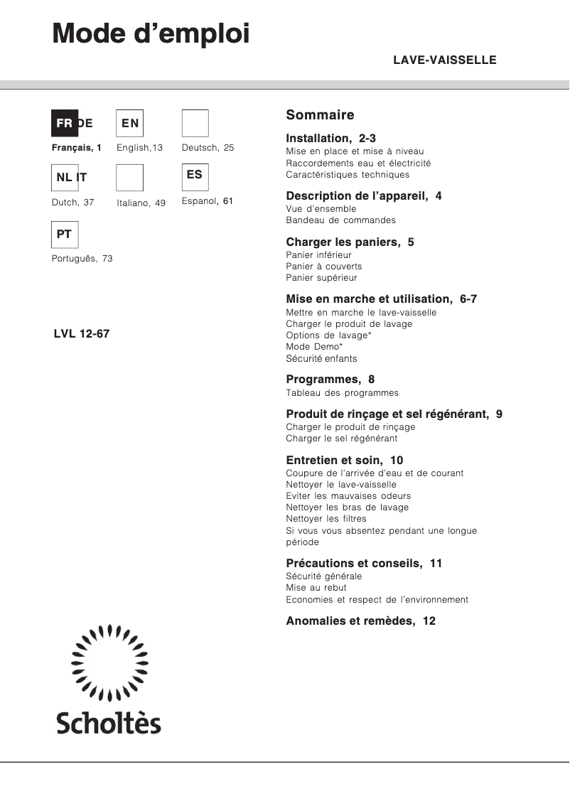 Page 1 de la notice Manuel utilisateur Scholtès LVL 12-67