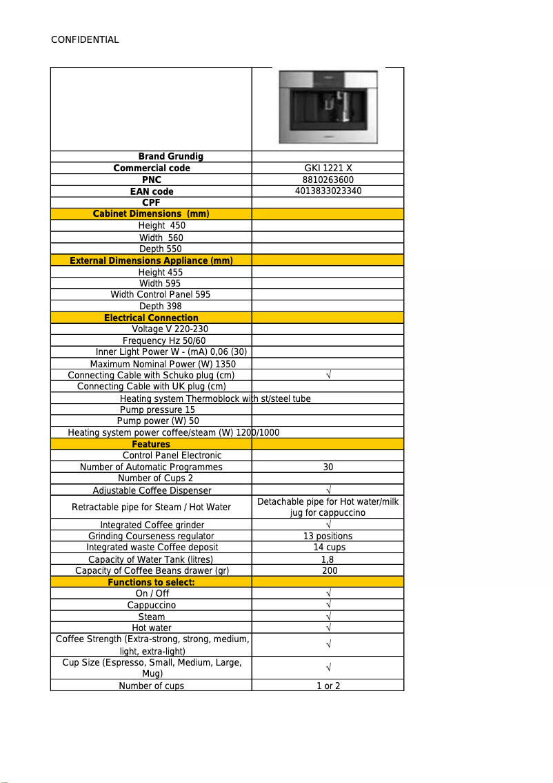 Page n°1 - Fiche technique Grundig GKI1221X