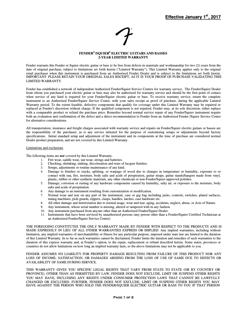 Page n°1 - Informations de garantie Fender American Performer