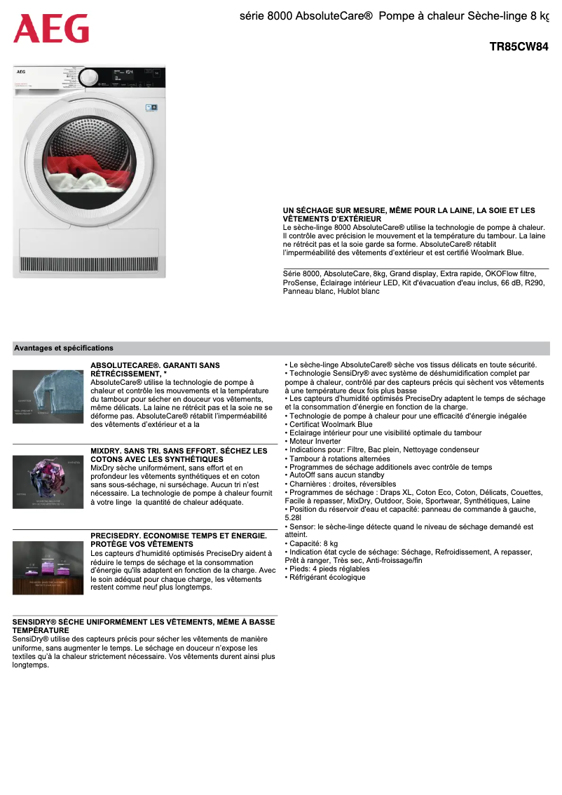 Page n°1 - Fiche technique AEG TR85CW84