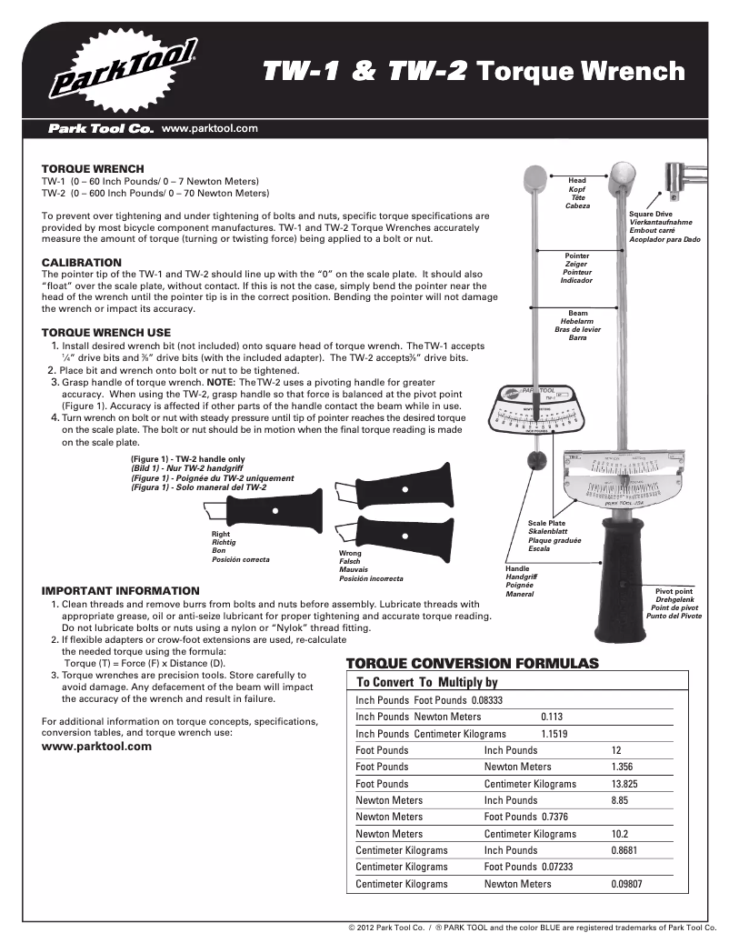 Page 1 de la notice Manuel utilisateur Park Tool TW-2