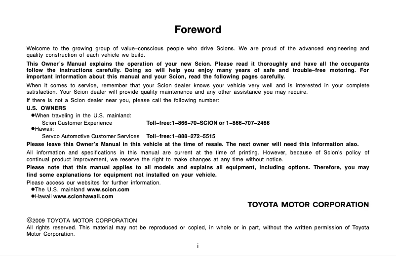 Page 1 de la notice Manuel utilisateur Scion tC (2010)