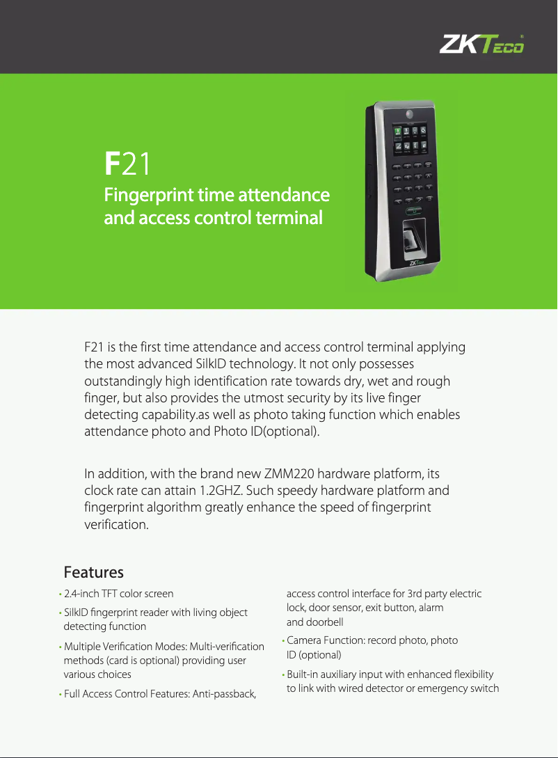 Page 1 de la notice Fiche technique ZKTeco F21